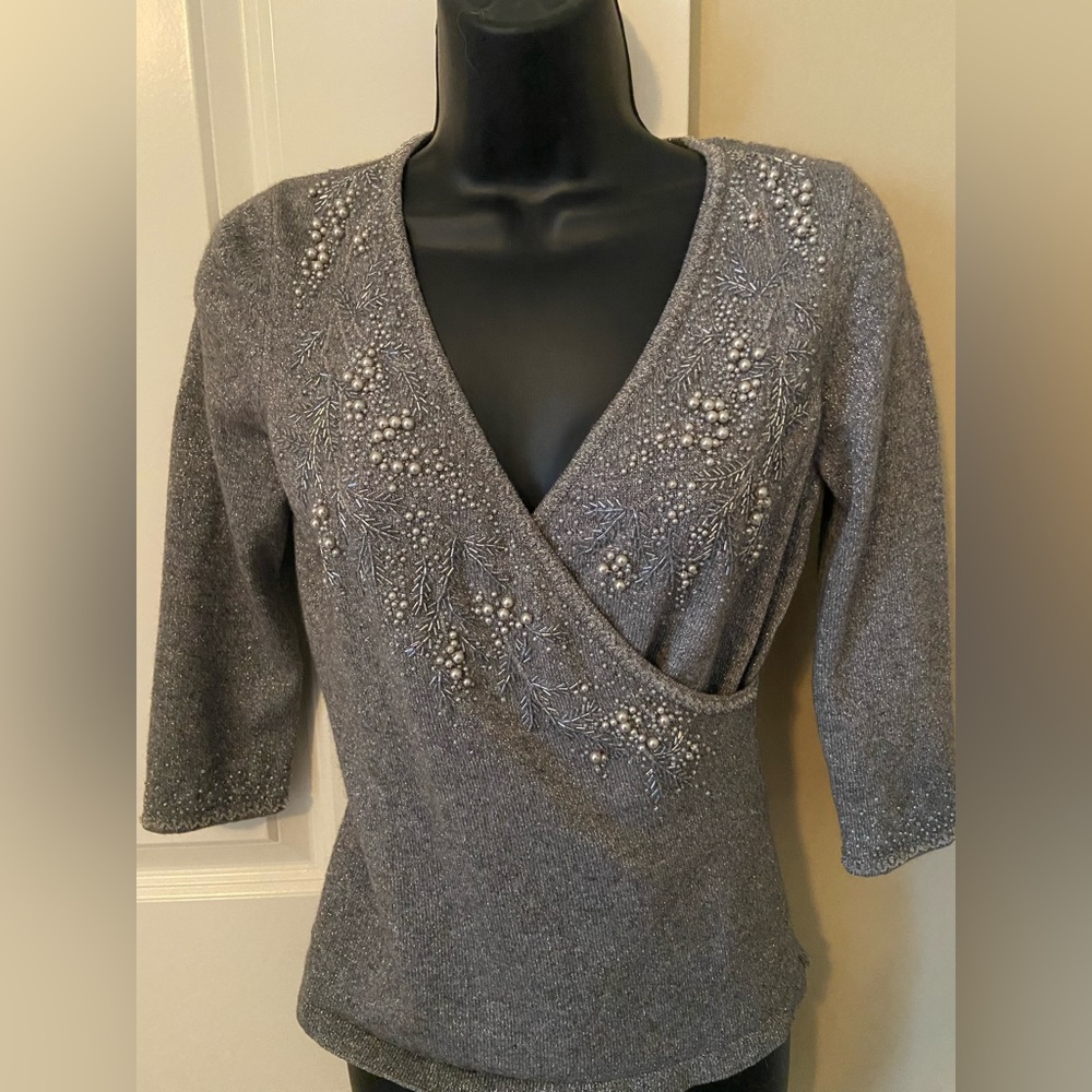 Ann Taylor Grey Holiday Top with Pearl Detail